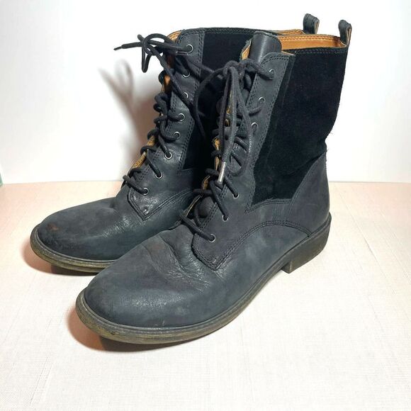 Lucky Brand Womens Nickki Black Leather Suede Combat Boots Laced Ankle Size 9.5 - Picture 1 of 7